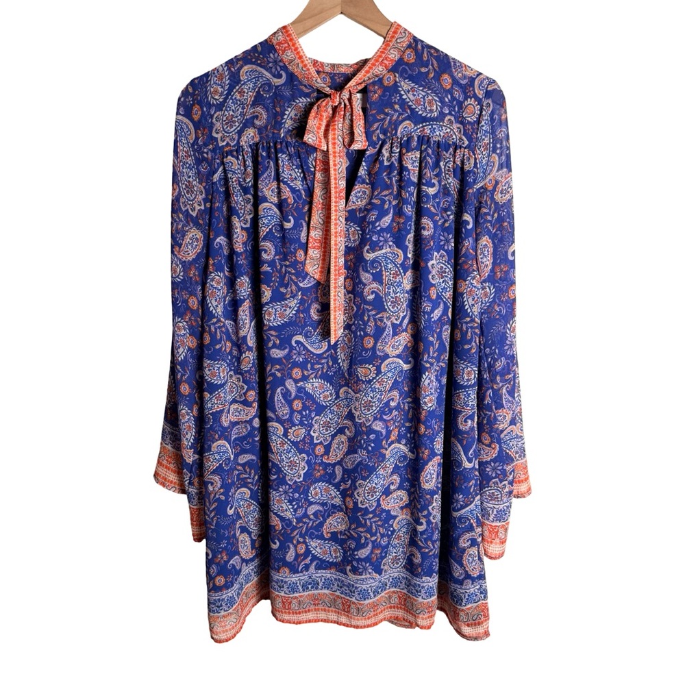 Lost‎ + Wander Blue Paisley Tie-Neck Mini Dress Long Bell Sleeve – Size Small